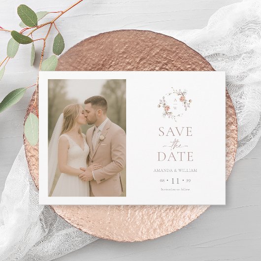Minimalist Floral Save the Date Photo Card 招待状