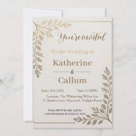 Minimalist Floral Wedding Design with Gold Leaf 招待状