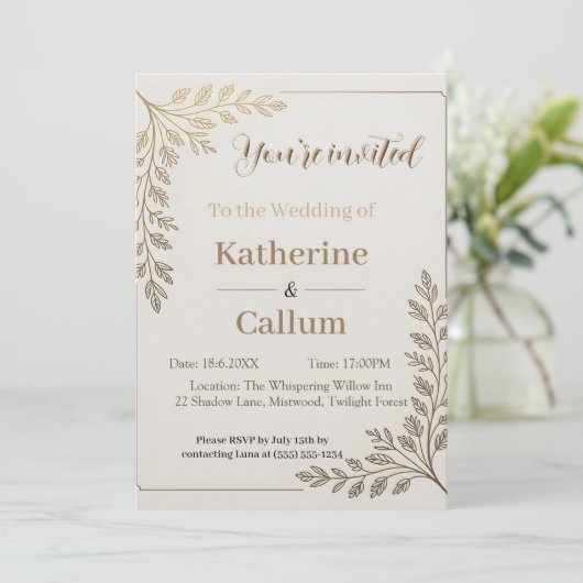 Minimalist Floral Wedding Design with Gold Leaf 招待状 (スタンド正面)