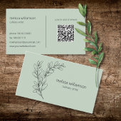 Minimalist Foliage on Sage Green with QR Code  名刺