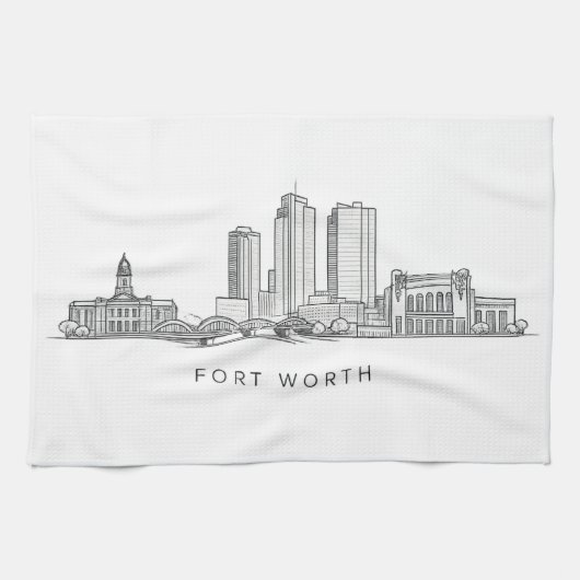 Minimalist Fort Worth Skyline Line Art キッチンタオル (横)