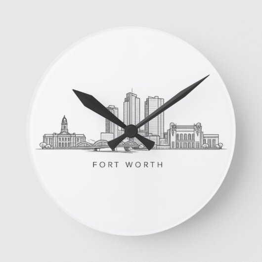 Minimalist Fort Worth Skyline Line Art ラウンド壁時計 (正面)