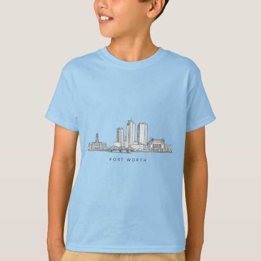 Minimalist Fort Worth Skyline Line Art Tシャツ (正面)