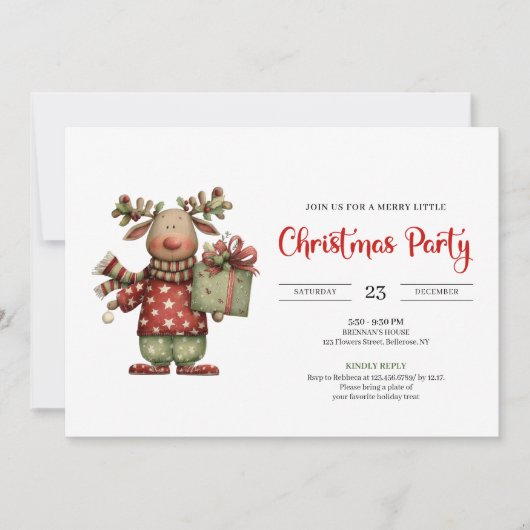 Minimalist Funny Reindeer trendy festive invite 招待状 (正面)