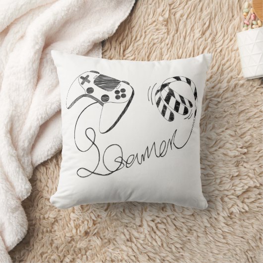 Minimalist Gamer Cat Line Art - Controller Cable クッション (ブランケット)