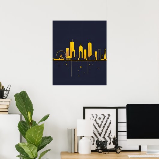 Minimalist Geometric City Skyline Silhouette ポスター (ホームオフィス)