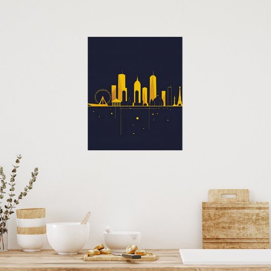 Minimalist Geometric City Skyline Silhouette  ポスター (キッチン)