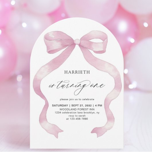 Minimalist Girly Pink Coquette Bow 1st Birthday 招待状