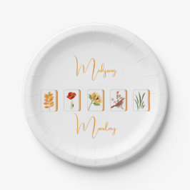 Minimalist Gold and White Mahjong Flower Tiles ペーパープレート