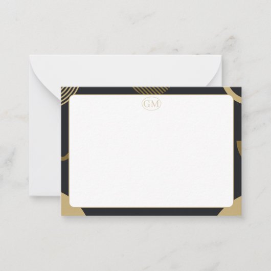 Minimalist Gold & Black Border Monogram Note Card ノートカード (正面)