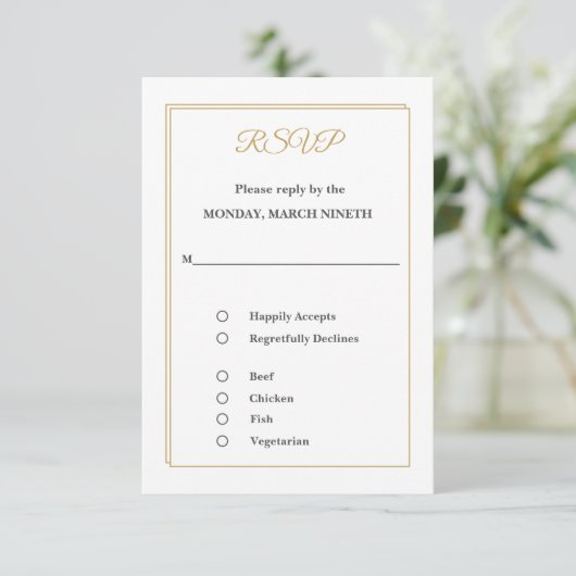 Minimalist Gold Border RSVP Card with Meal Choices (スタンド正面)