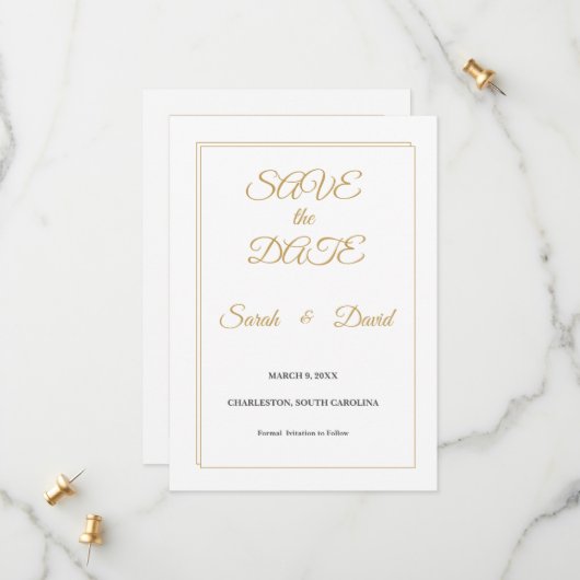 Minimalist Gold Border Save the Date Card セーブザデート (正面/裏面インサイチュ)