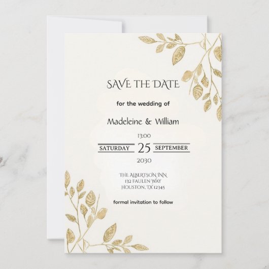 Minimalist Gold Botanical Eucalyptus Wedding セーブザデート (正面)