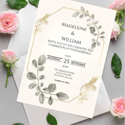 Minimalist Gold Botanical Wedding Invitation 招待状