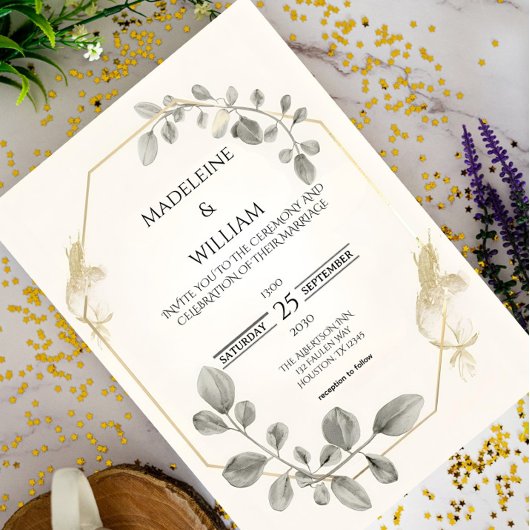 Minimalist Gold Botanical Wedding Invitation 招待状