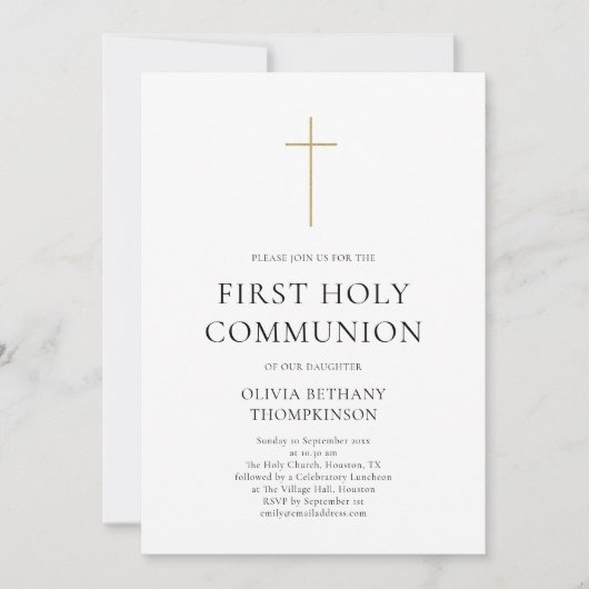 Minimalist Gold Cross First Holy Communion 招待状 (正面)