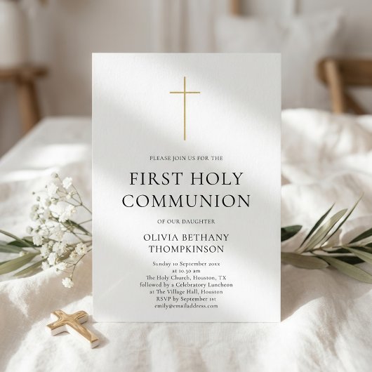 Minimalist Gold Cross First Holy Communion 招待状