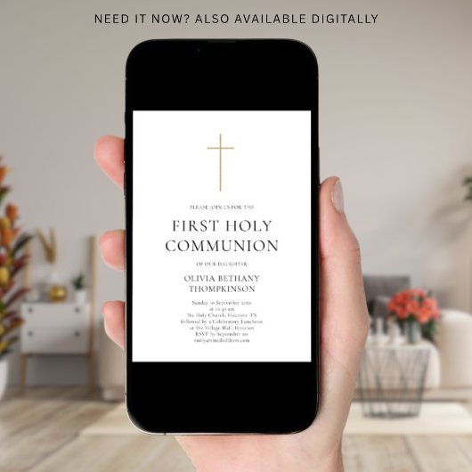 Minimalist Gold Cross First Holy Communion 招待状