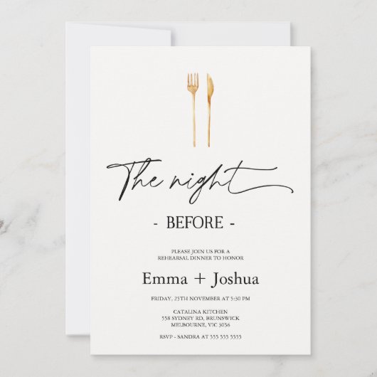 Minimalist Gold Cutlery Rehearsal Dinner  招待状 (正面)