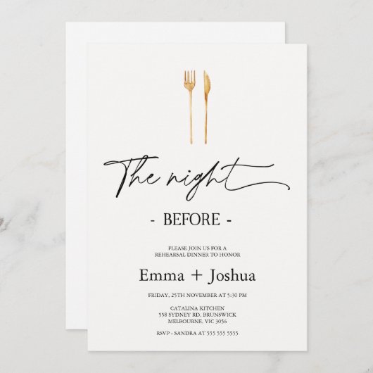 Minimalist Gold Cutlery Rehearsal Dinner  招待状 (正面/裏面)