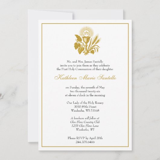 Minimalist Gold First Communion Eucharist  招待状 (正面)
