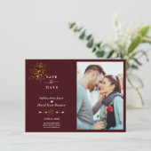 Minimalist Gold Floral Deep Burgundy Photo Wedding セーブザデート (スタンド正面)