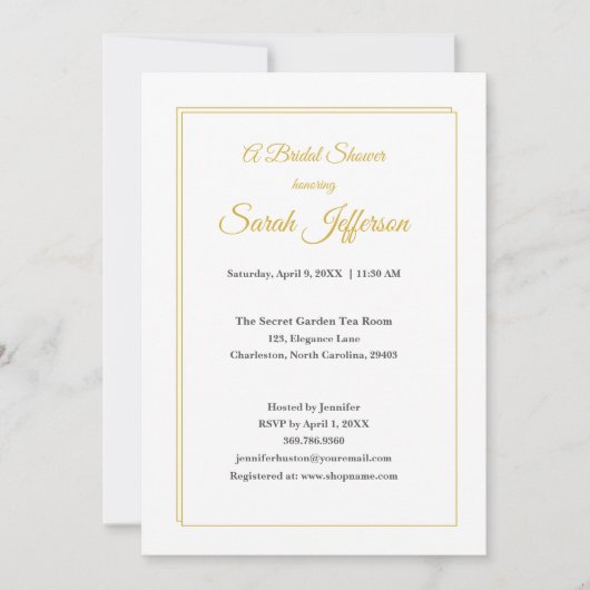 Minimalist Gold Frame Floral Bridal Shower 招待状 (正面)