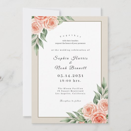 Minimalist Gold Frame Floral Wedding Invitation 招待状 (正面)