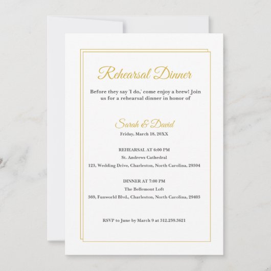 Minimalist Gold Frame Script Rehearsal Dinner Card 招待状 (正面)