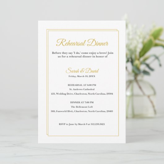 Minimalist Gold Frame Script Rehearsal Dinner Card 招待状 (スタンド正面)