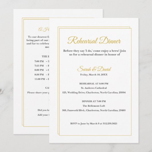 Minimalist Gold Frame Script Rehearsal Dinner Card 招待状 (正面/裏面)