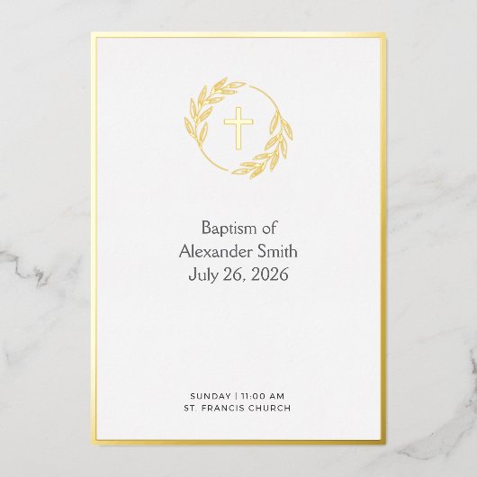 Minimalist Gold Laurel Cross Baptism Invitation 箔招待状 (正面)