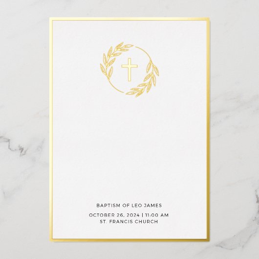 Minimalist Gold Laurel Cross Baptism Invitation 箔招待状 (正面)