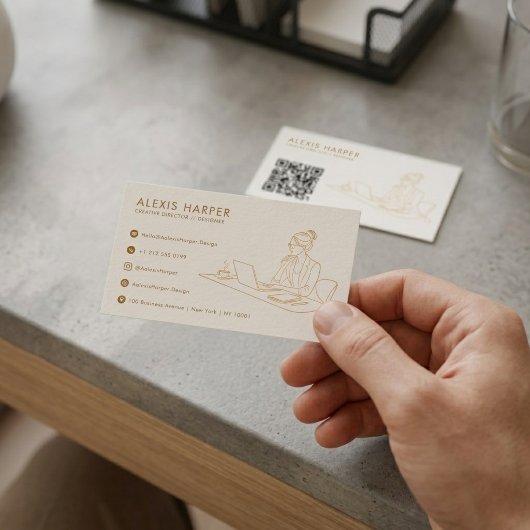 Minimalist Gold Modern Line Art QR Code 名刺