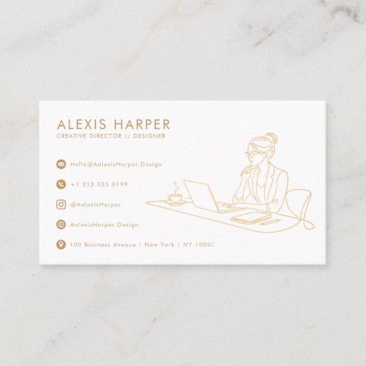 Minimalist Gold Modern Line Art QR Code 名刺 (正面)