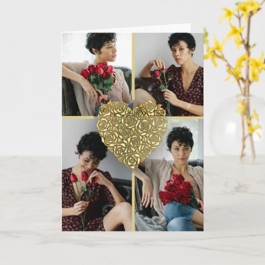 Minimalist Gold Rose Heart Photo Collage Custom カード (黄色い花)