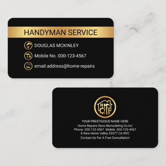 Minimalist Gold Stripe Handyman Tool Icons 名刺 (正面/裏面)