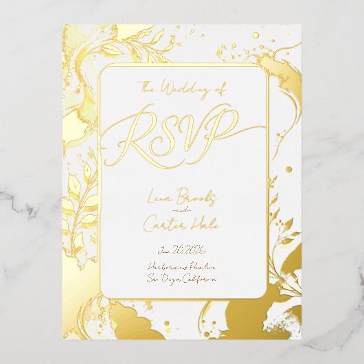 Minimalist Gold Watercolor Foil RSVP 箔招待状ポストカード (正面)