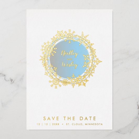 Minimalist Golden & Blue Snowflake Winter  箔招待状 (正面)