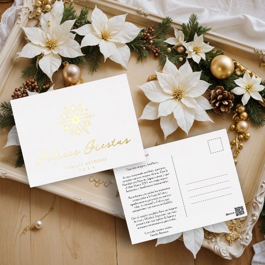 Minimalist Golden Spanish Modern Snowflake Initial 箔シーズンポストカード