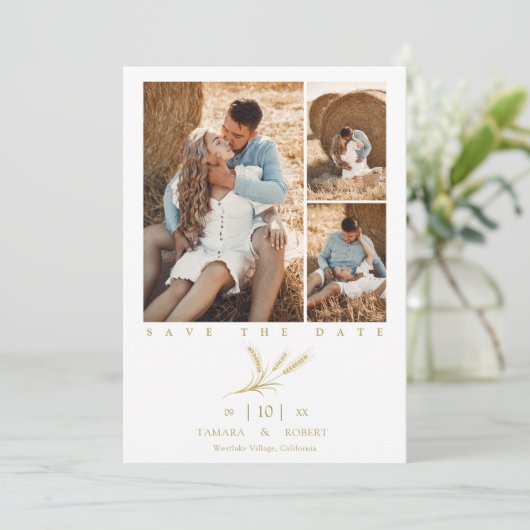 Minimalist Golden Wheat 3 Photos Collage Wedding (スタンド正面)