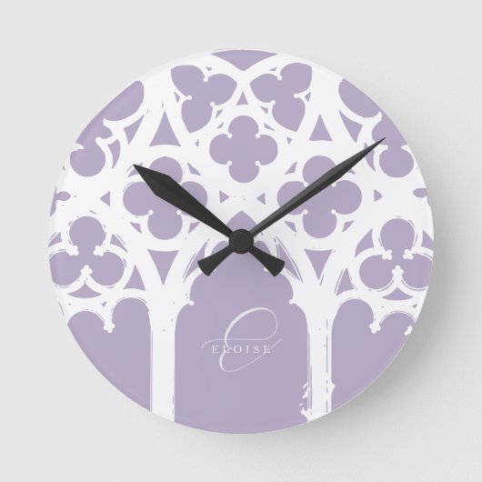 Minimalist Gothic Window Calligraphy Lavender ラウンド壁時計 (正面)