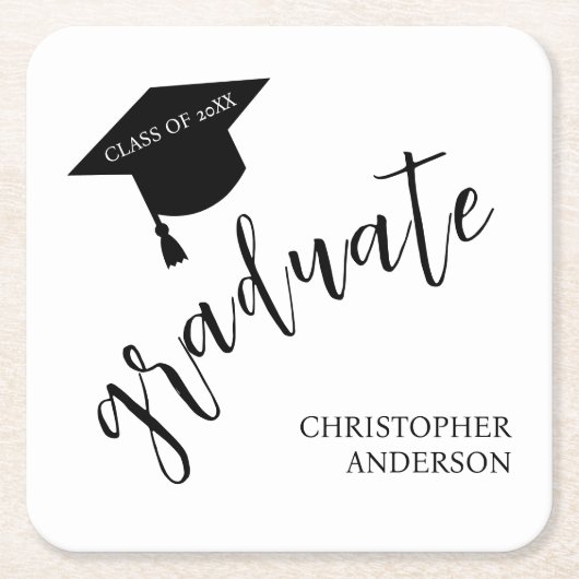 Minimalist Grad Cap Black & White Graduation スクエアペーパーコースター (正面)