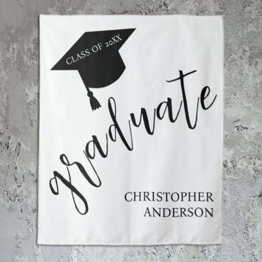 Minimalist Grad Cap Black & White Graduation タペストリー