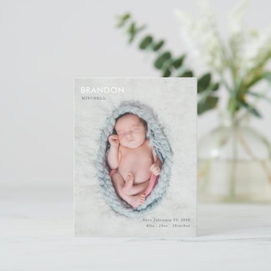 Minimalist Gray Photo Baby Announcement Flat Card (スタンド正面)