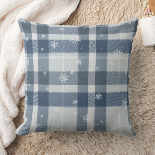 Minimalist Gray & Silver Snowflake Plaid クッション (ブランケット)