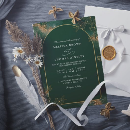 Minimalist Green and Gold Modern QR Code Wedding 招待状