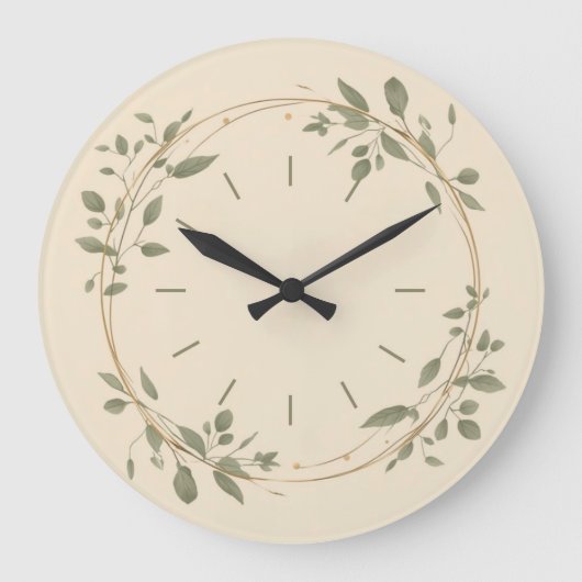 Minimalist Green Botanical Wall Clock  ラージ壁時計 (正面)