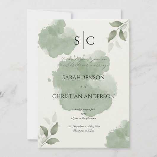 Minimalist Green Botanical Wedding Invitation 招待状 (正面)