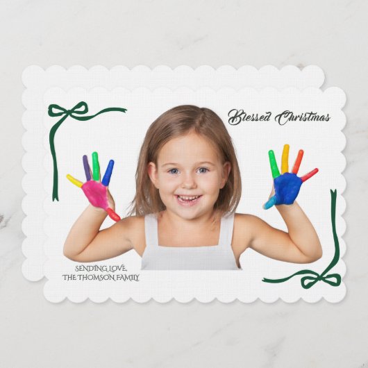 Minimalist Green Bows Blessing Christmas 招待状 (正面/裏面)